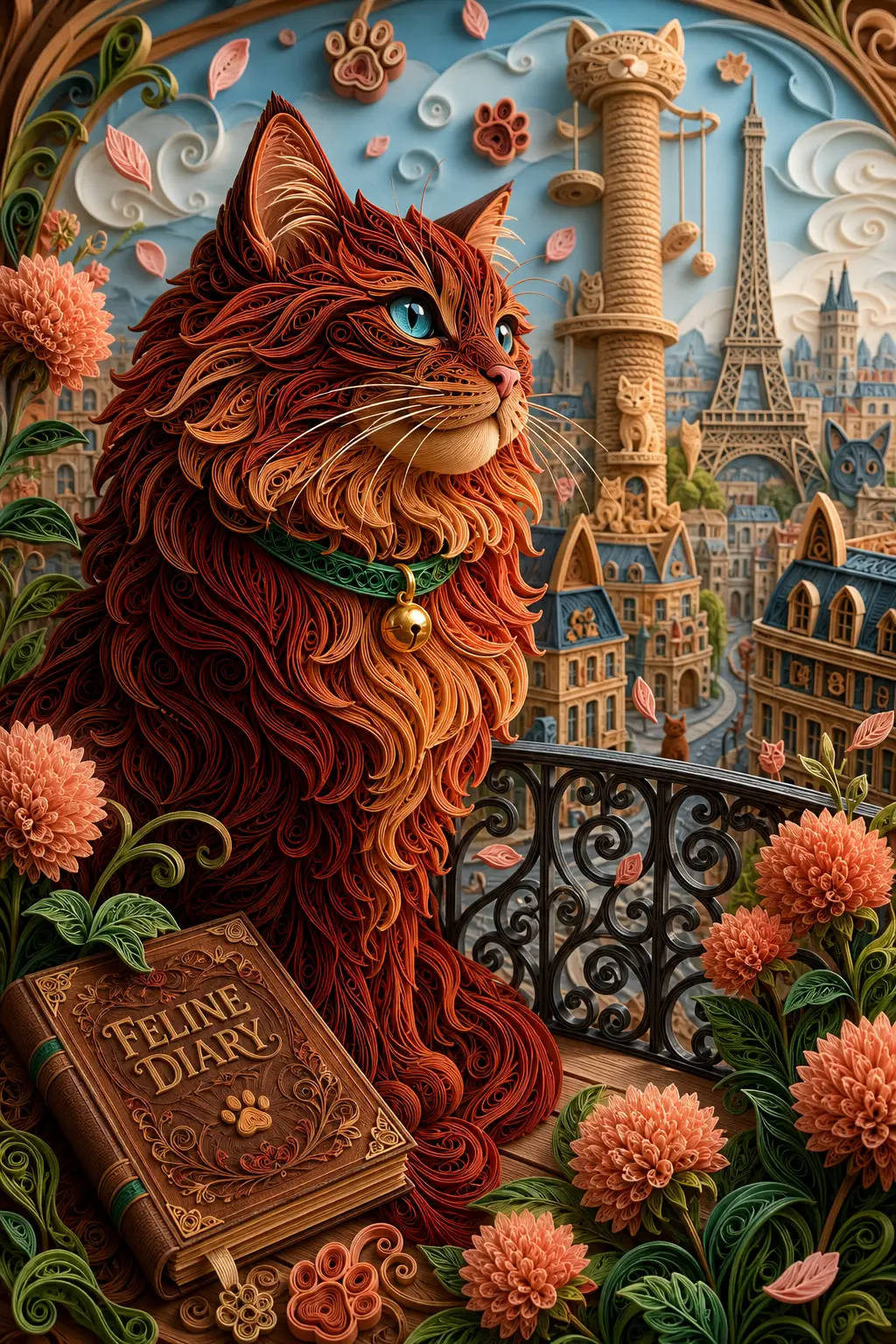 Ritratto in quilling di carta di un gatto soffice su balcone cittadino