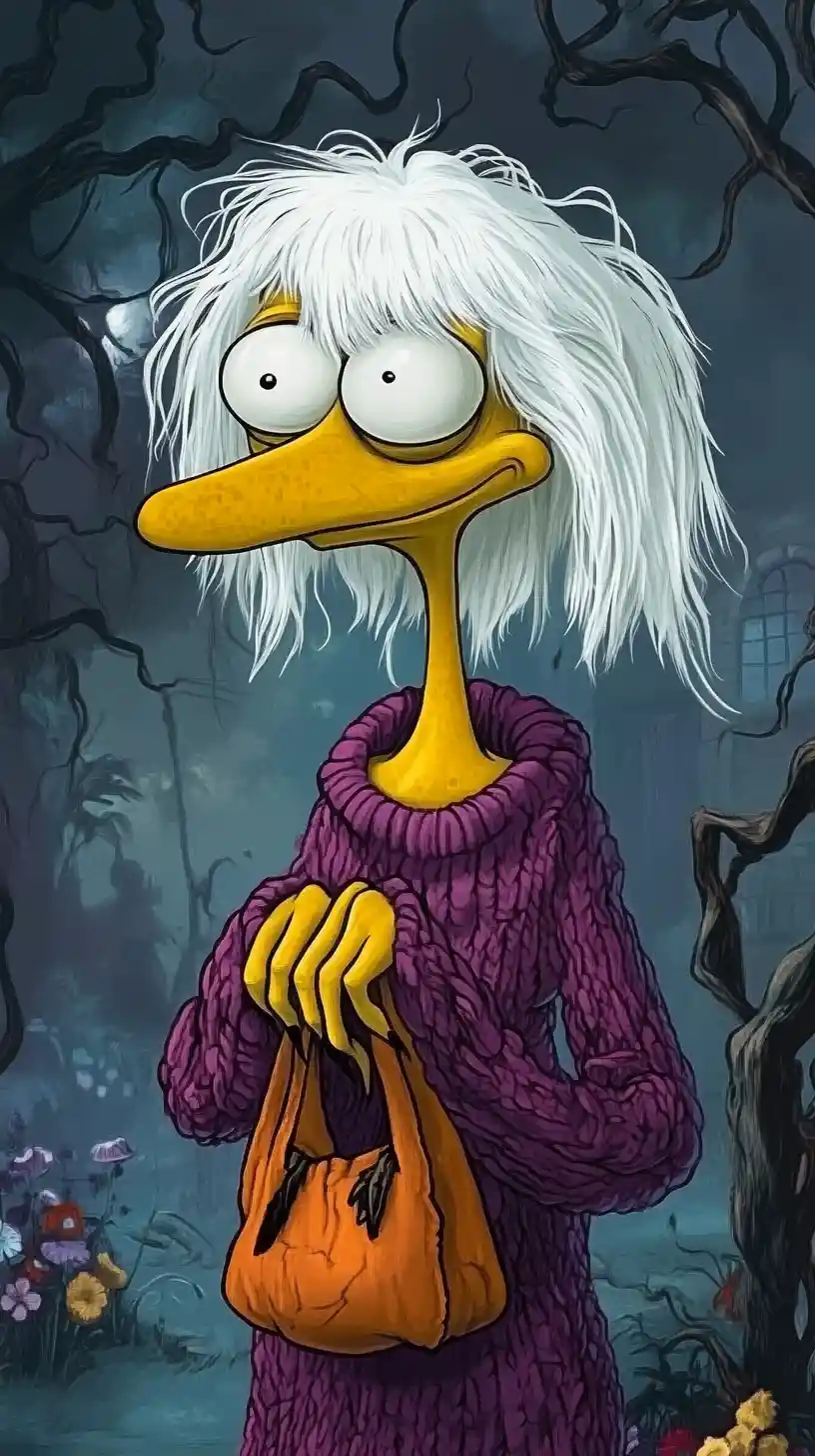 Mischievous yellow woman with orange bag in gloomy forest
