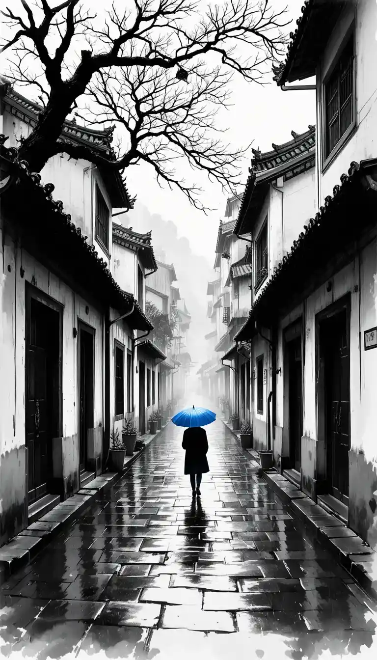 Lonely figure in a rainy ink drawn Jiangnan alley