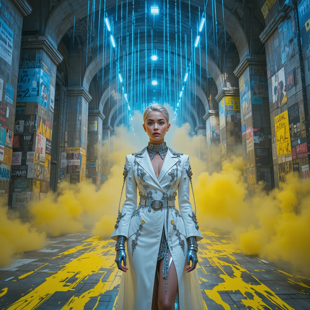 Donna di moda futuristica in studio sotterraneo illuminato al neon