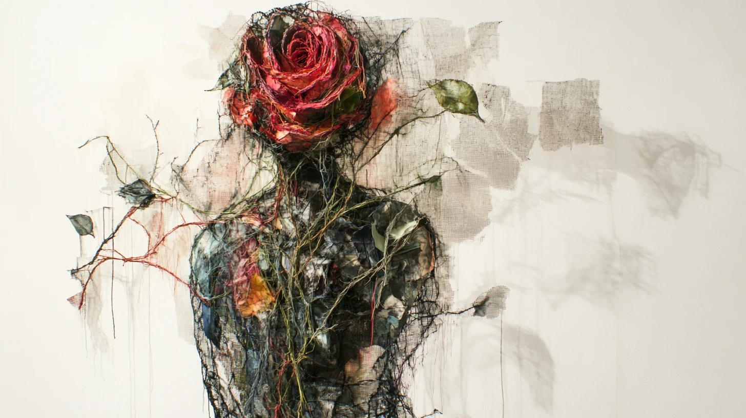 Surreal patchwork rose figure with drifting frayed threads