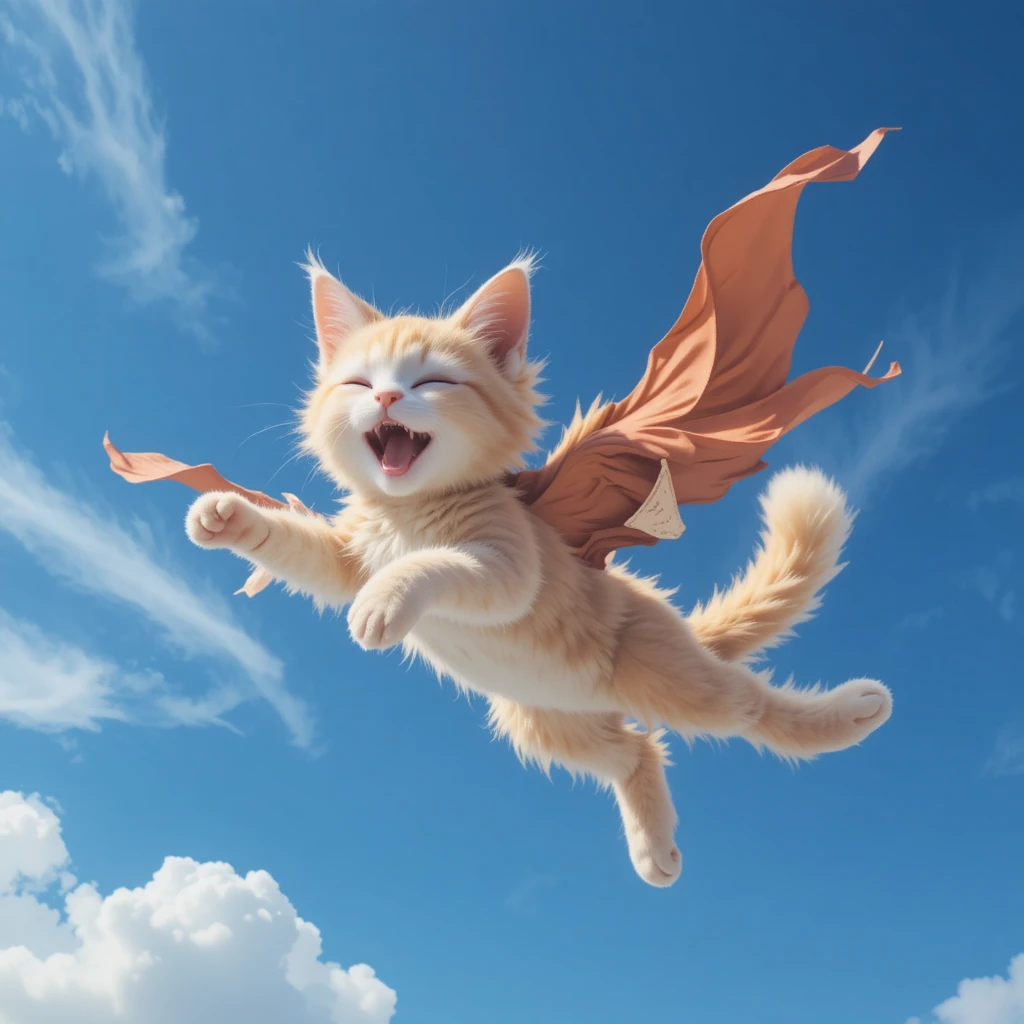Joyful flying cat gliding through a bright blue sky