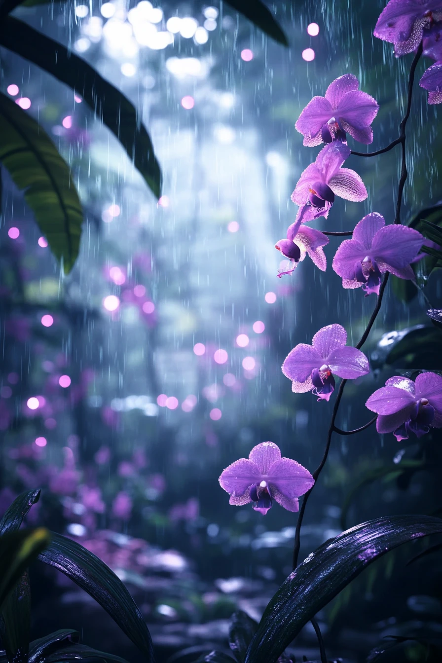 Orchids glowing softly in a misty rainforest drizzle