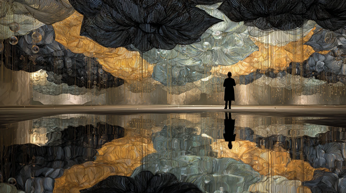 Surreal Liquid Umbrella Sculpture With Hanging Droplets