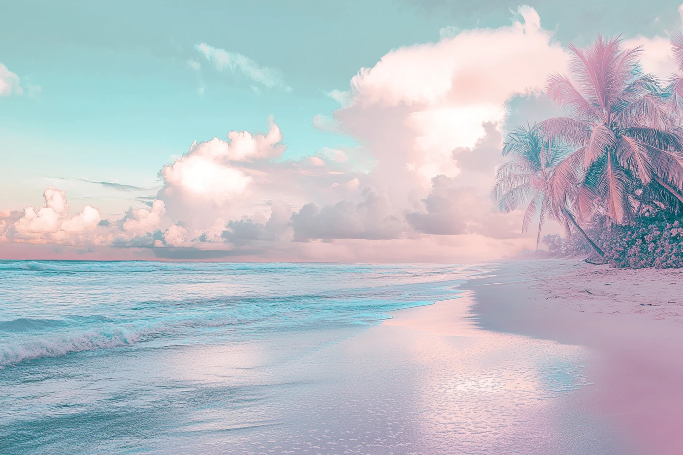 Surreal serene beachside in pastel metallic dream tones