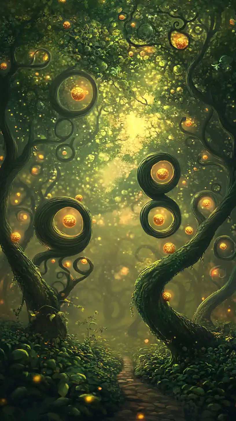 Surreal glowing trees rising in a tranquil dreamlike landscape