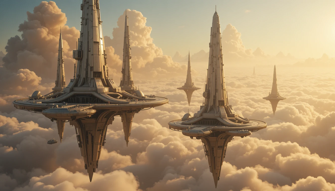 Futuristic floating city above glowing Venusian cloudscape