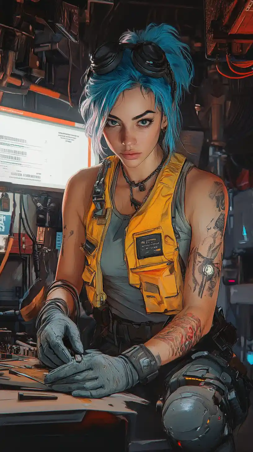 Blue haired woman working with tools in an industrial workshop