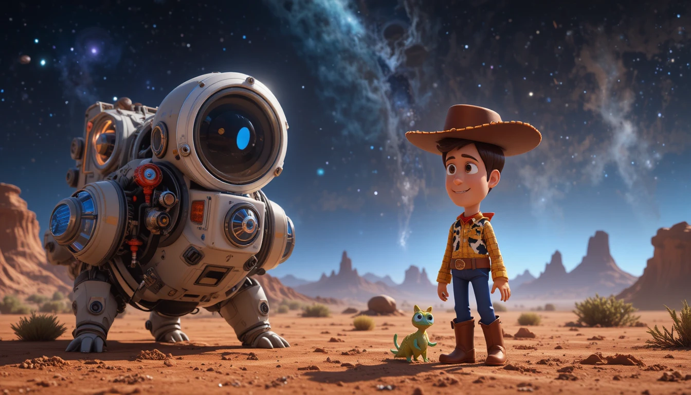 Young boy exploring a wild alien planet with robot