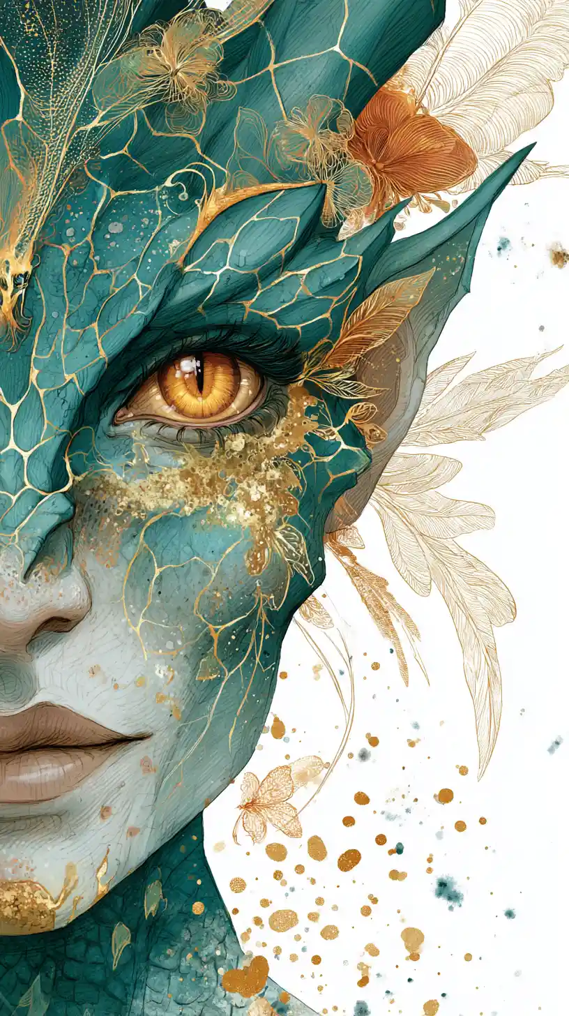 Dragon woman close up in watercolor and ink portrait