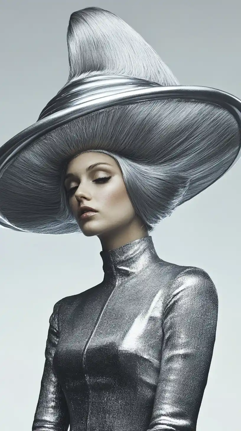 Surreal woman with gigantic flying saucer shaped hairstyle