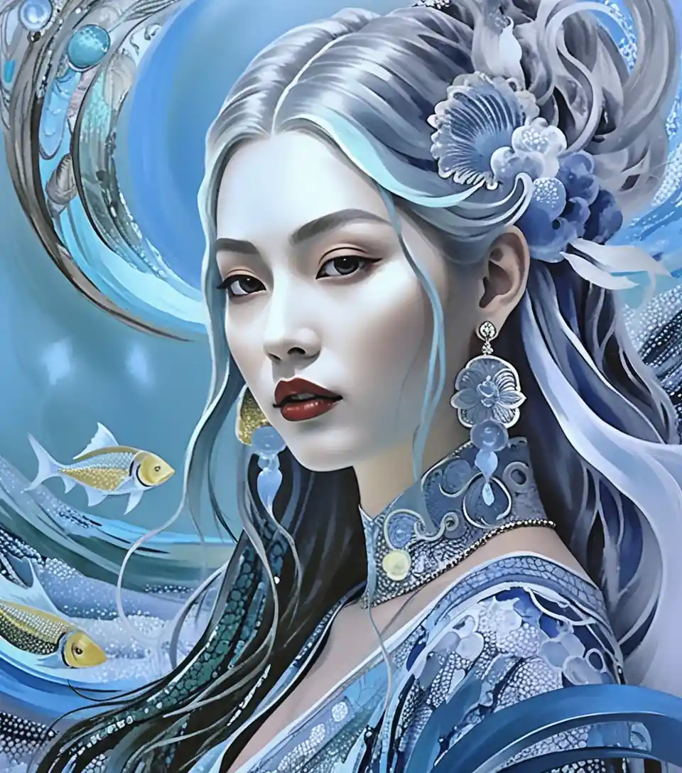 Surreal tattoo inspired portrait of an ainu folklore woman