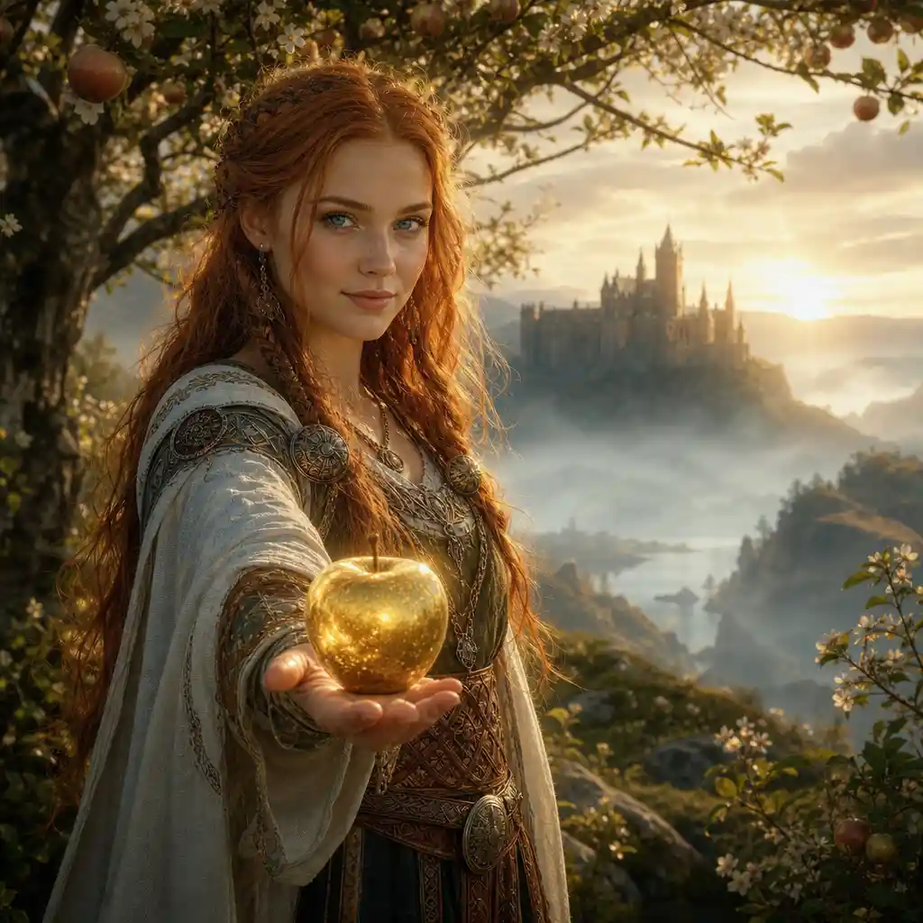 Ethereal norse woman offering a glowing golden apple