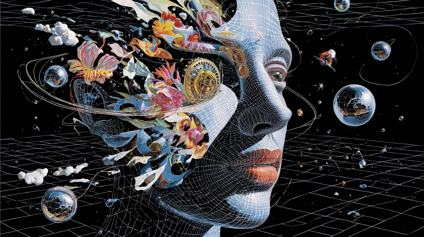 Surreal human face unfolding into layered abstract dimensions