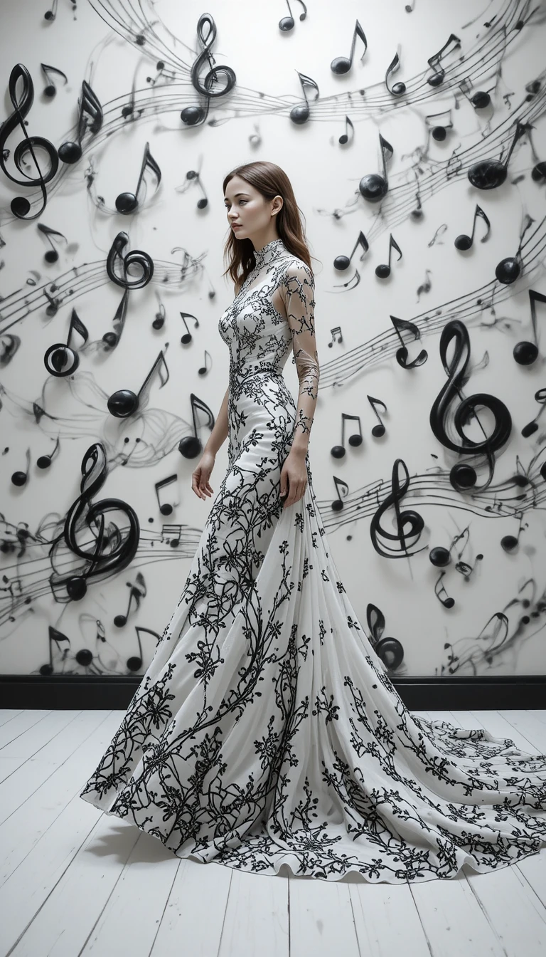 Donna couture surreale che cammina in una galleria musicale monocromatica
