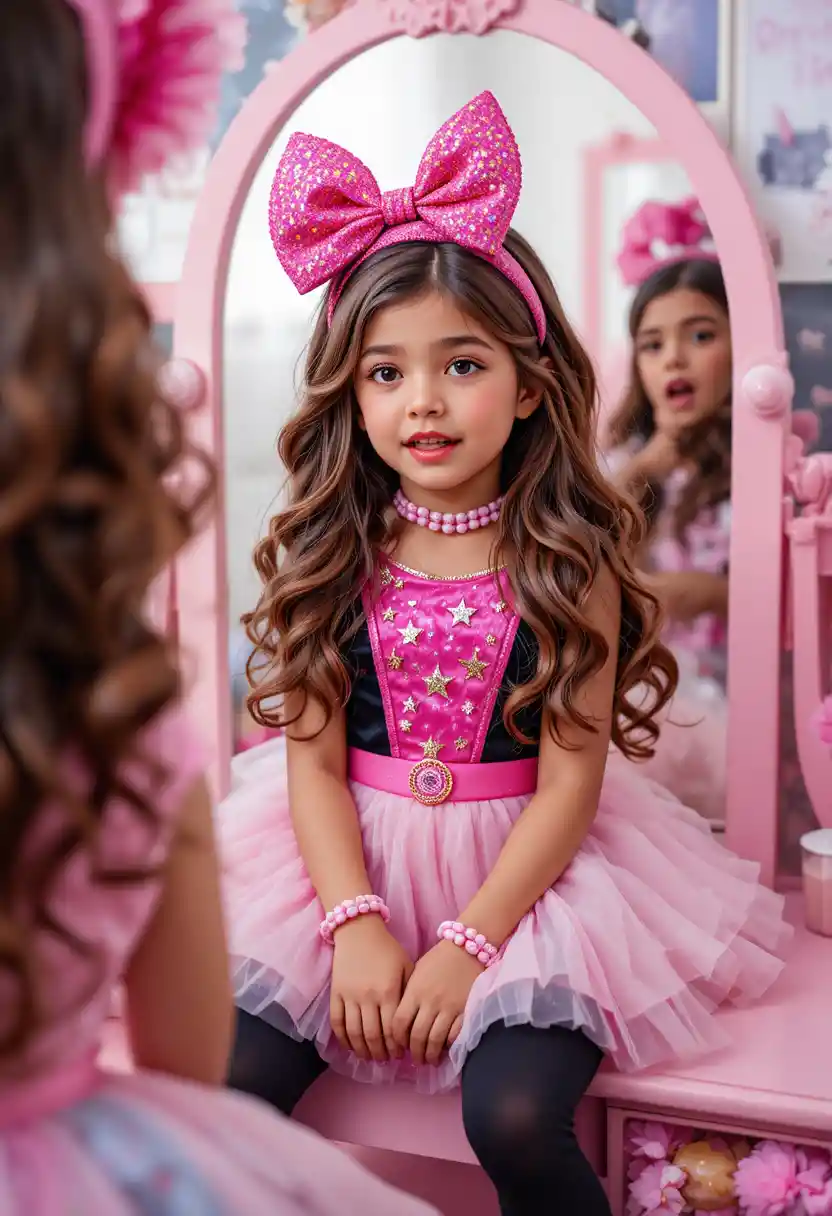 Shy tween girl in pink dress at a vanity mirror