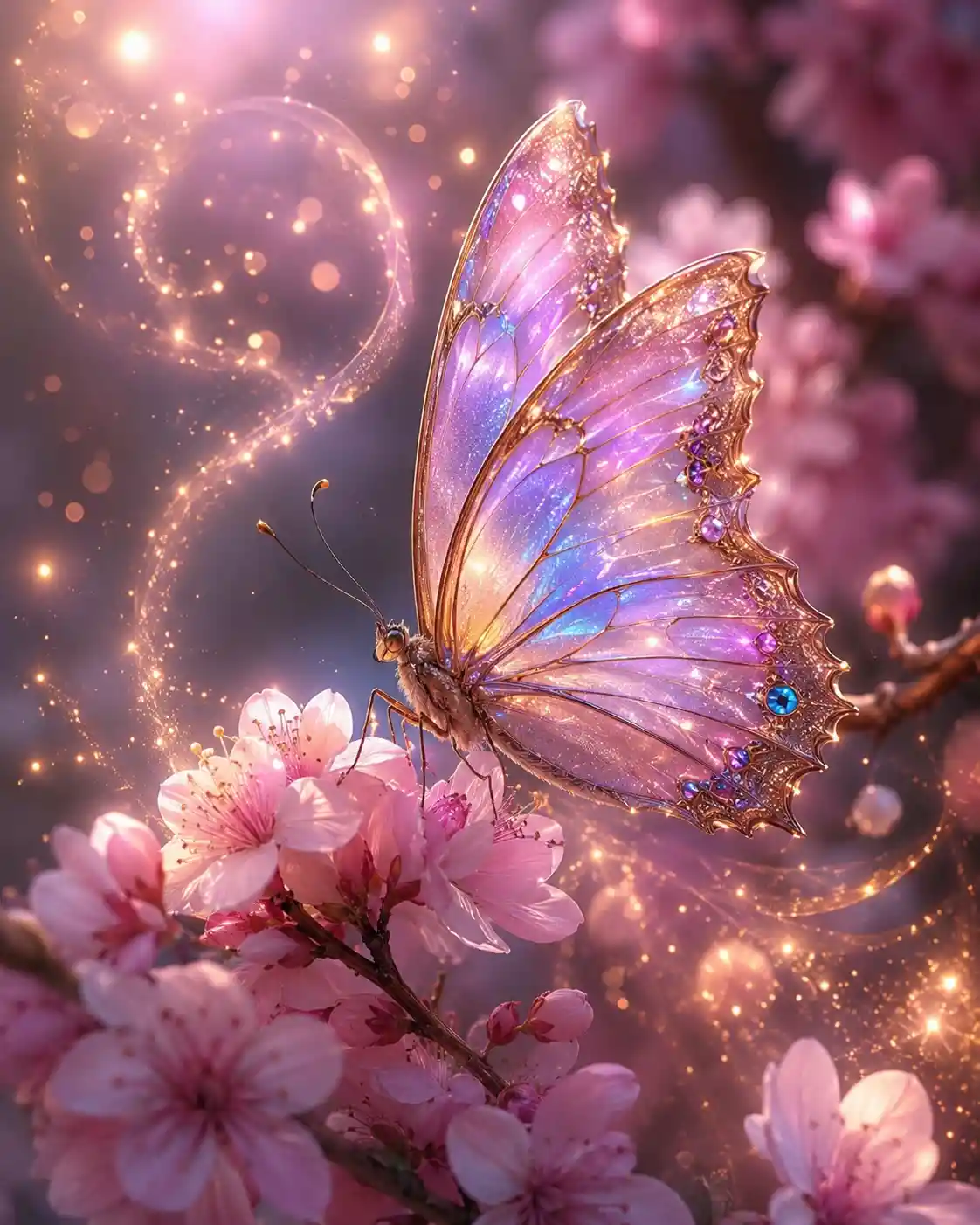 Delicate blossoms and shimmering butterfly in magical calm