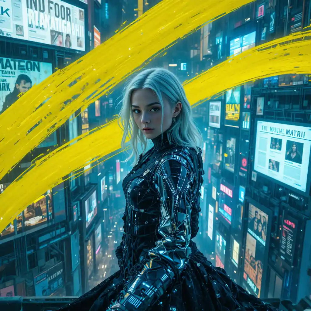 Cinematic fashion portrait atop a futuristic night city