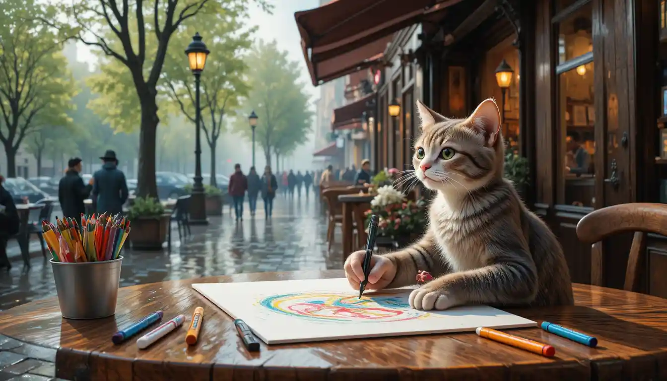 Top down view of a young boy drawing a simple landscape