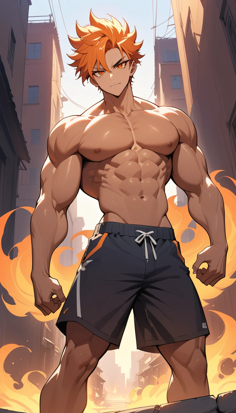 Confident muscular anime man standing in fiery sunset street