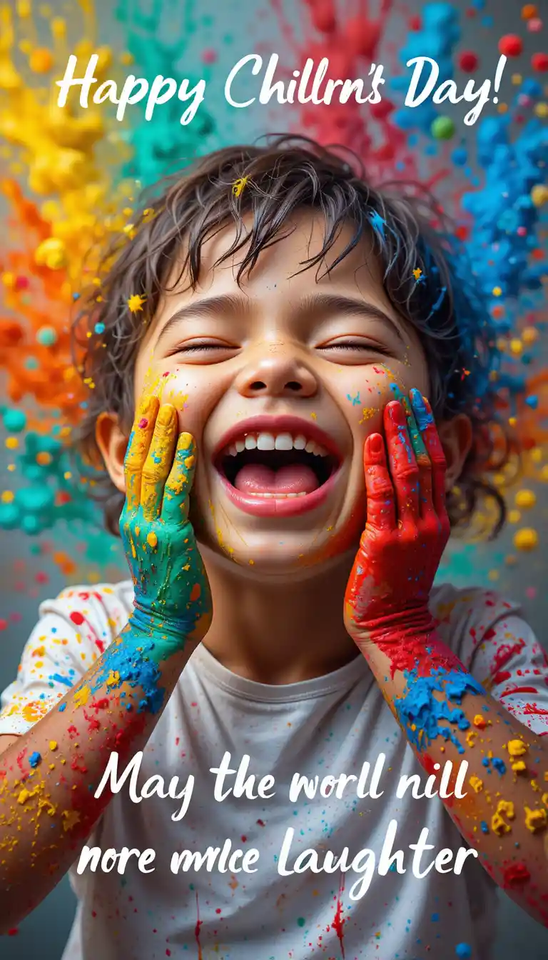 Laughing child portrait with colorful paint splashes
