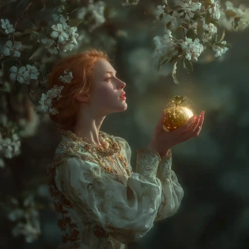 Norse inspired woman offering a glowing golden apple