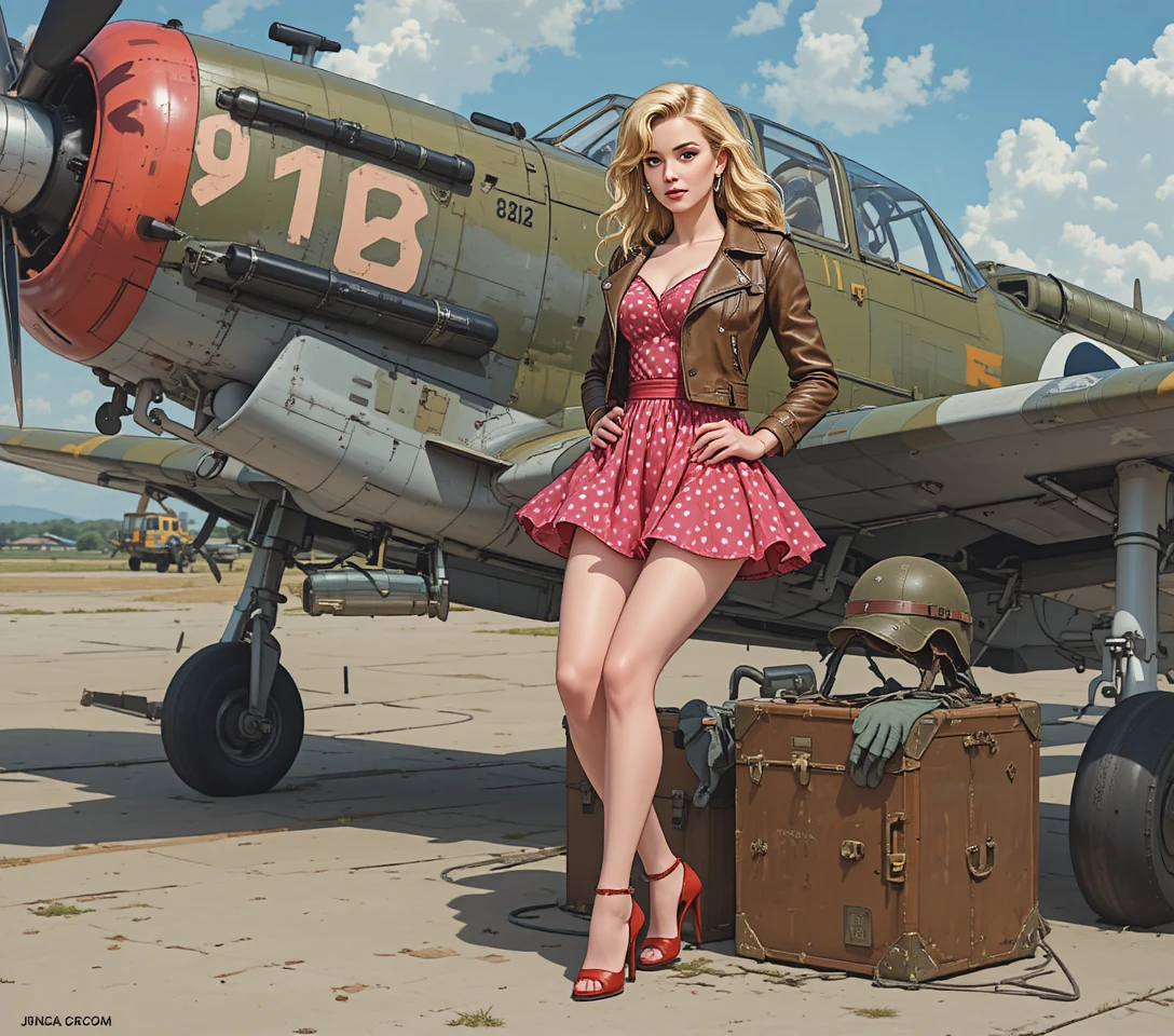 Anime blonde pinup by vintage World War II airplane