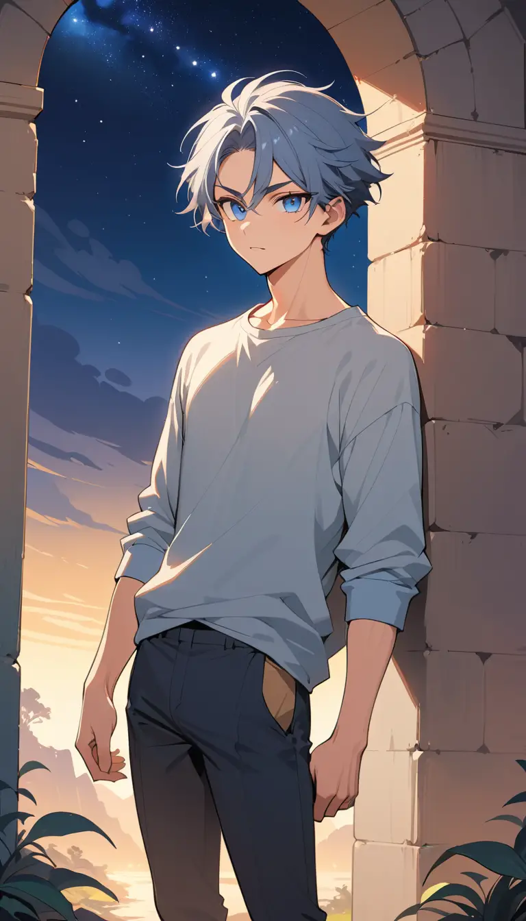 Blue haired anime man standing in starlit mountains