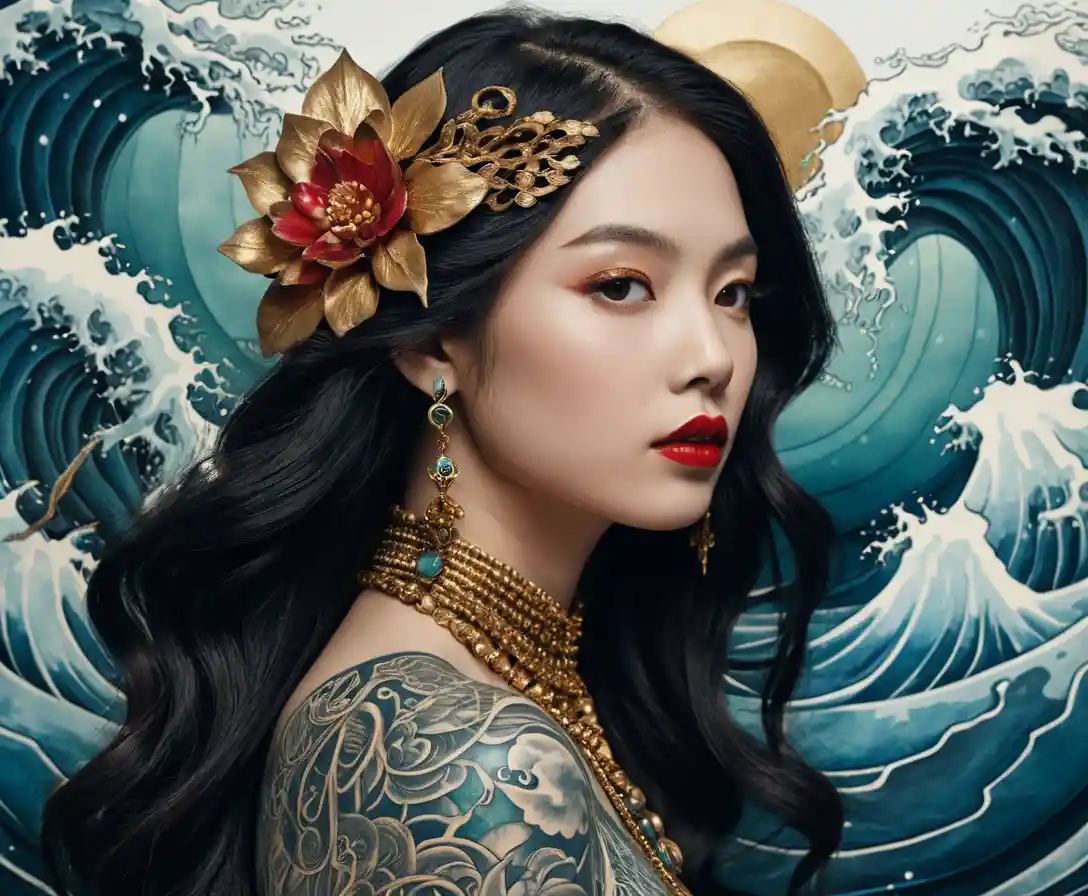 Surreal tattoo inspired portrait of an ainu folklore woman