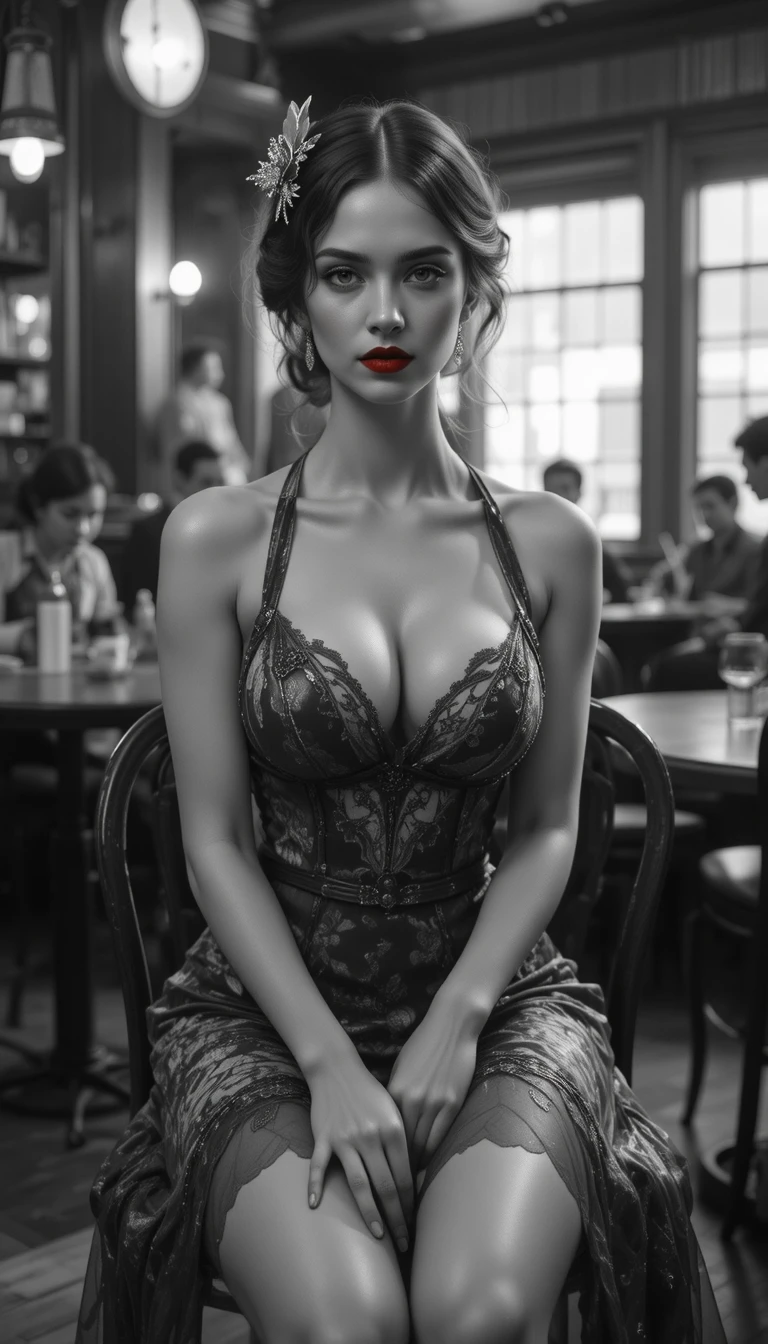 Elegant woman in 1920s flapper dress sitting in a cafe