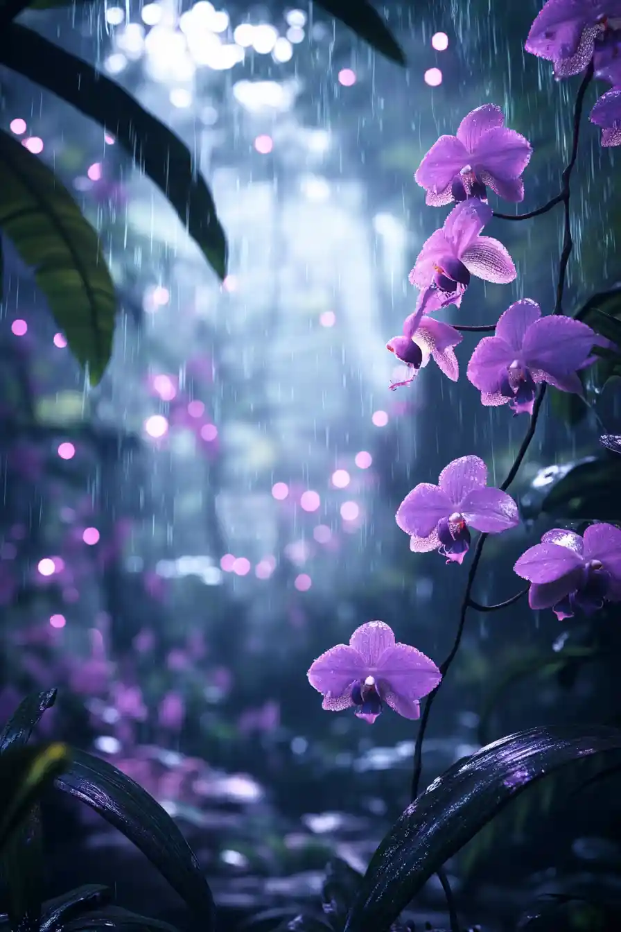 Orchids glowing softly in a misty rainforest drizzle