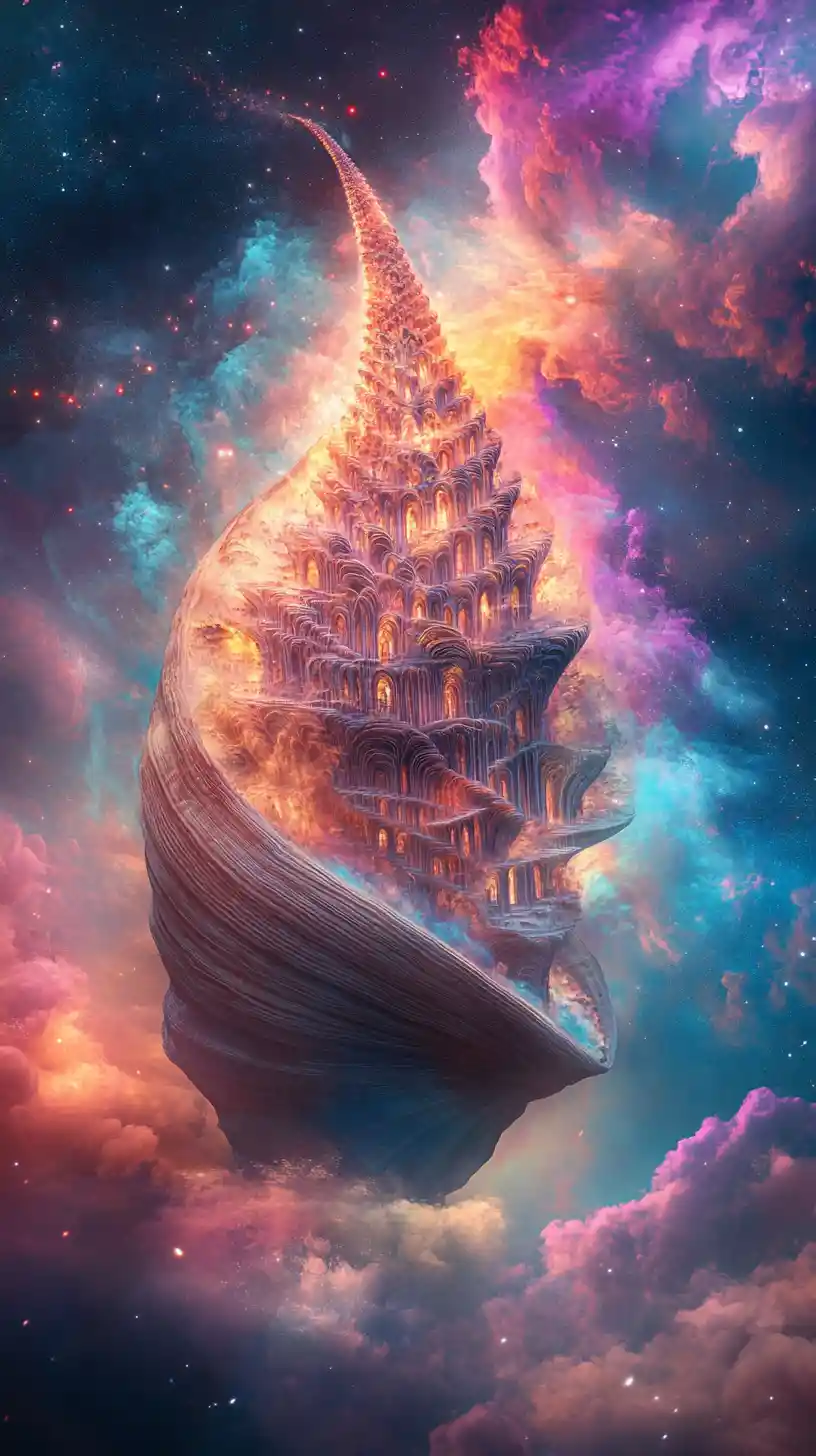 Surreal Seashell Cathedral Glowing Against A Cosmic Sky