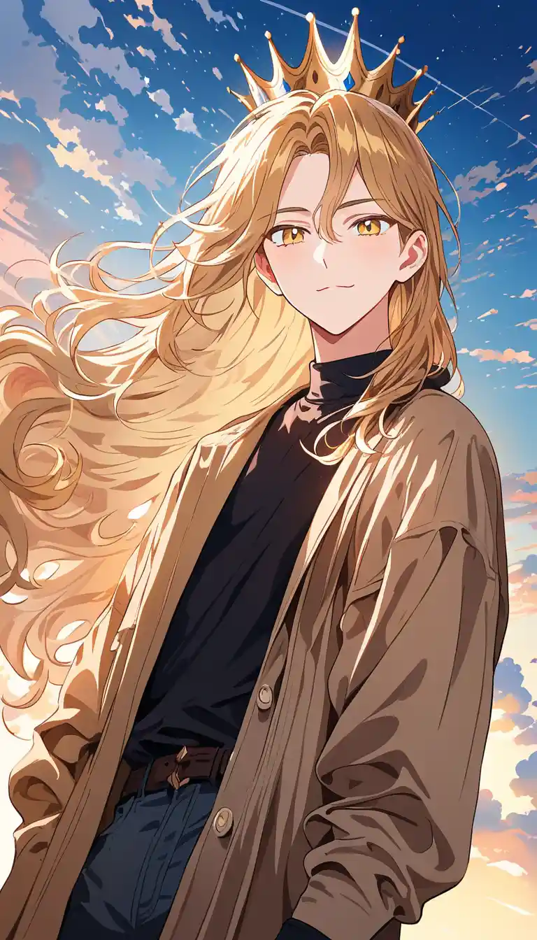Golden haired anime man standing outdoors at sunrise