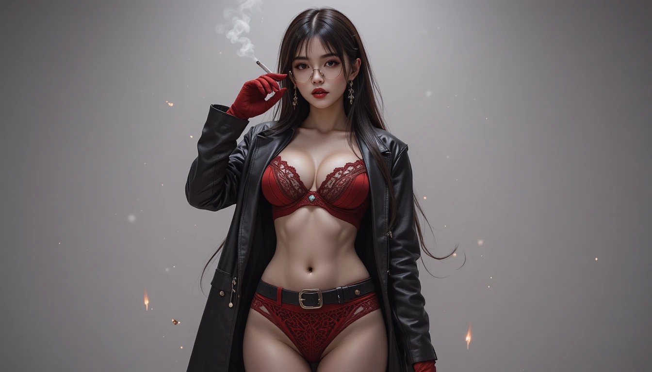 Eastern woman in red lingerie with cigarette and glasses