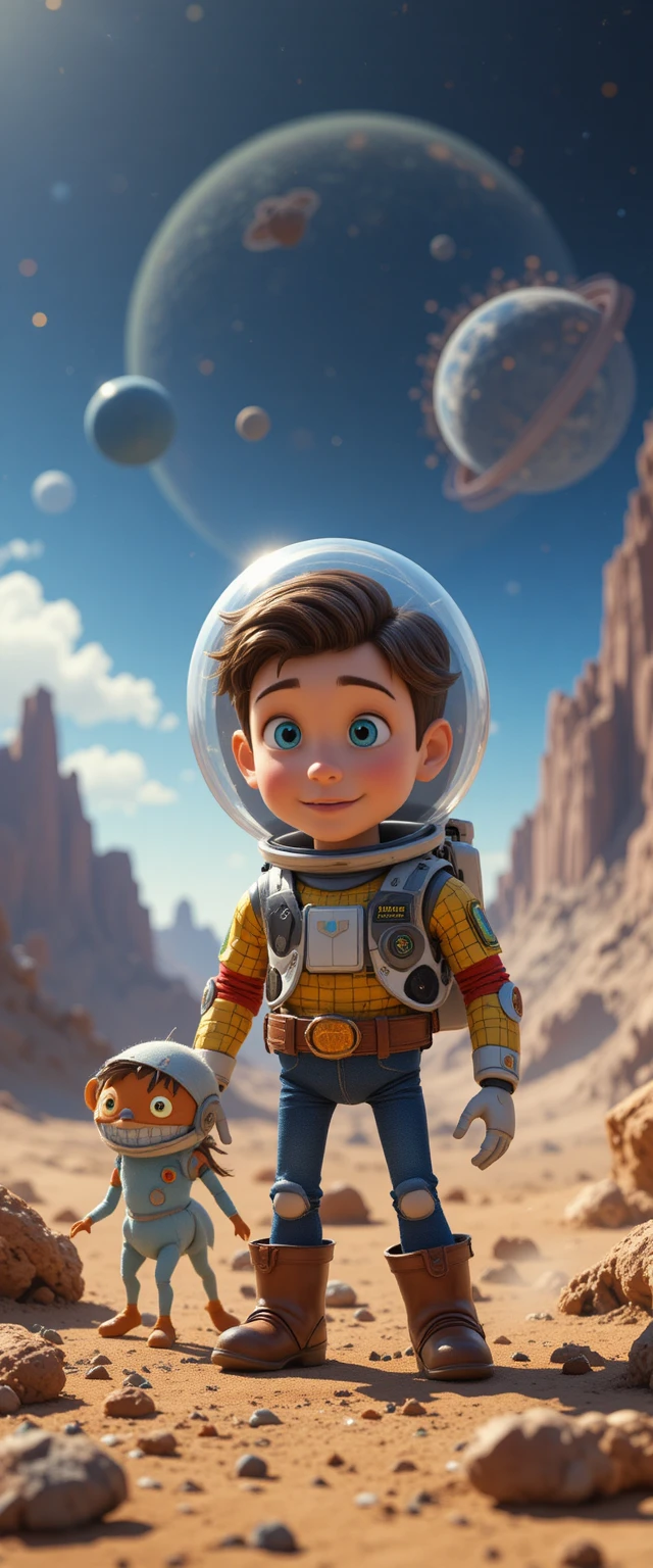 Boy and robot exploring a mysterious alien planet together