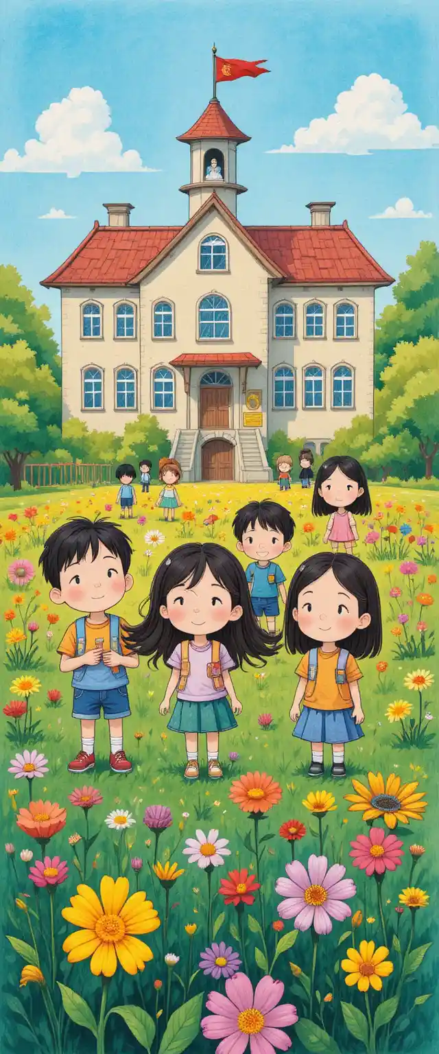 Children Playing Outside A Colorful School Building Illustration