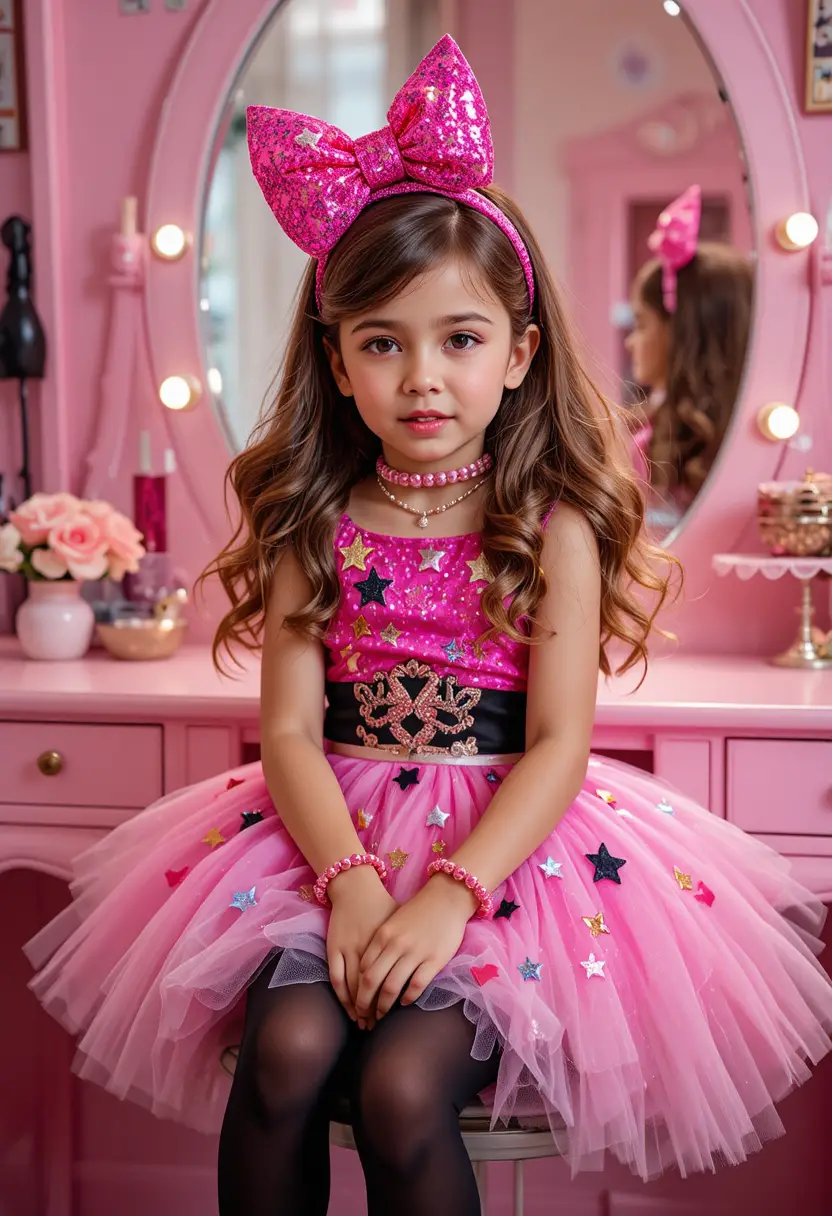 Shy tween boy dressed as a girl at pink vanity