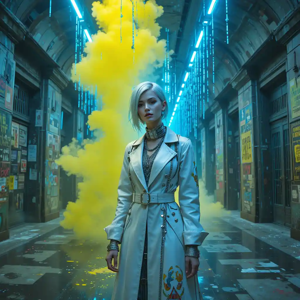 Futuristic fashion woman in neon lit metro studio
