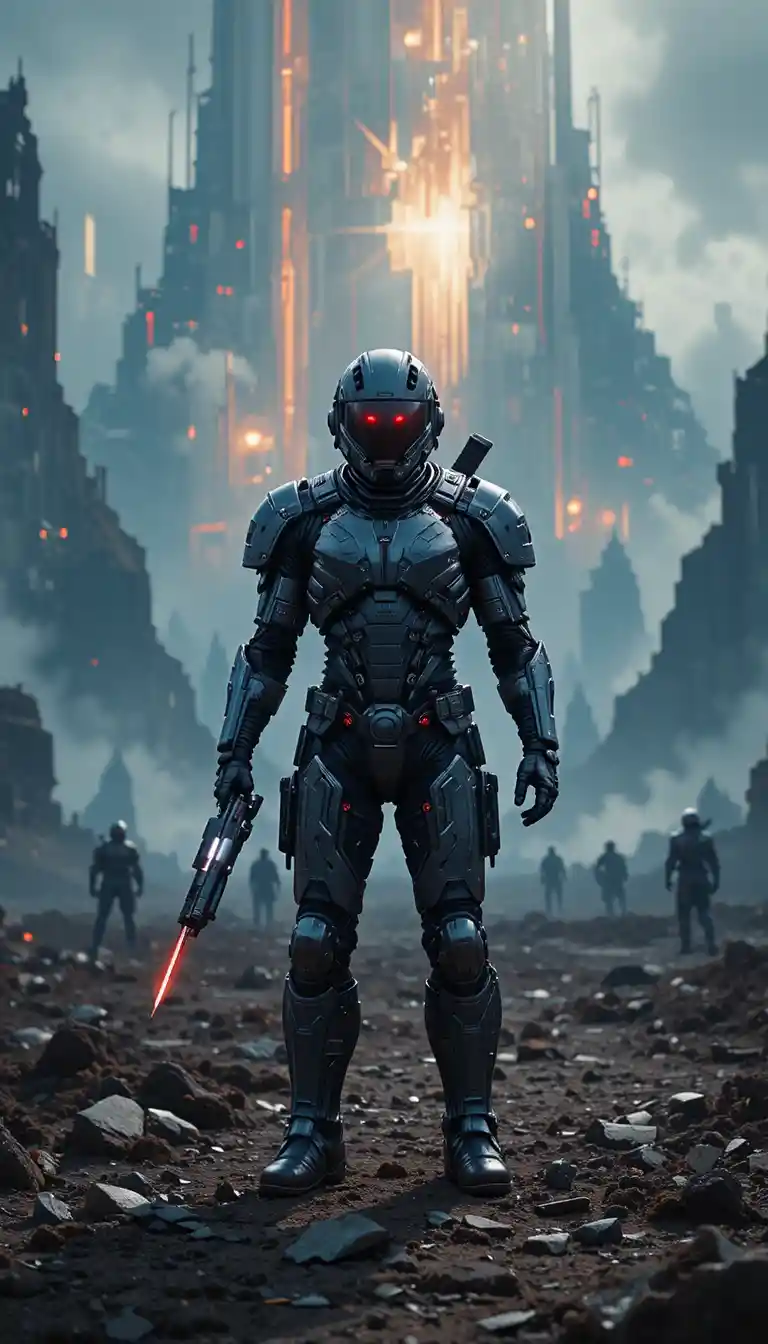 Soldato futuristico corazzato su un campo di battaglia sci-fi in collasso