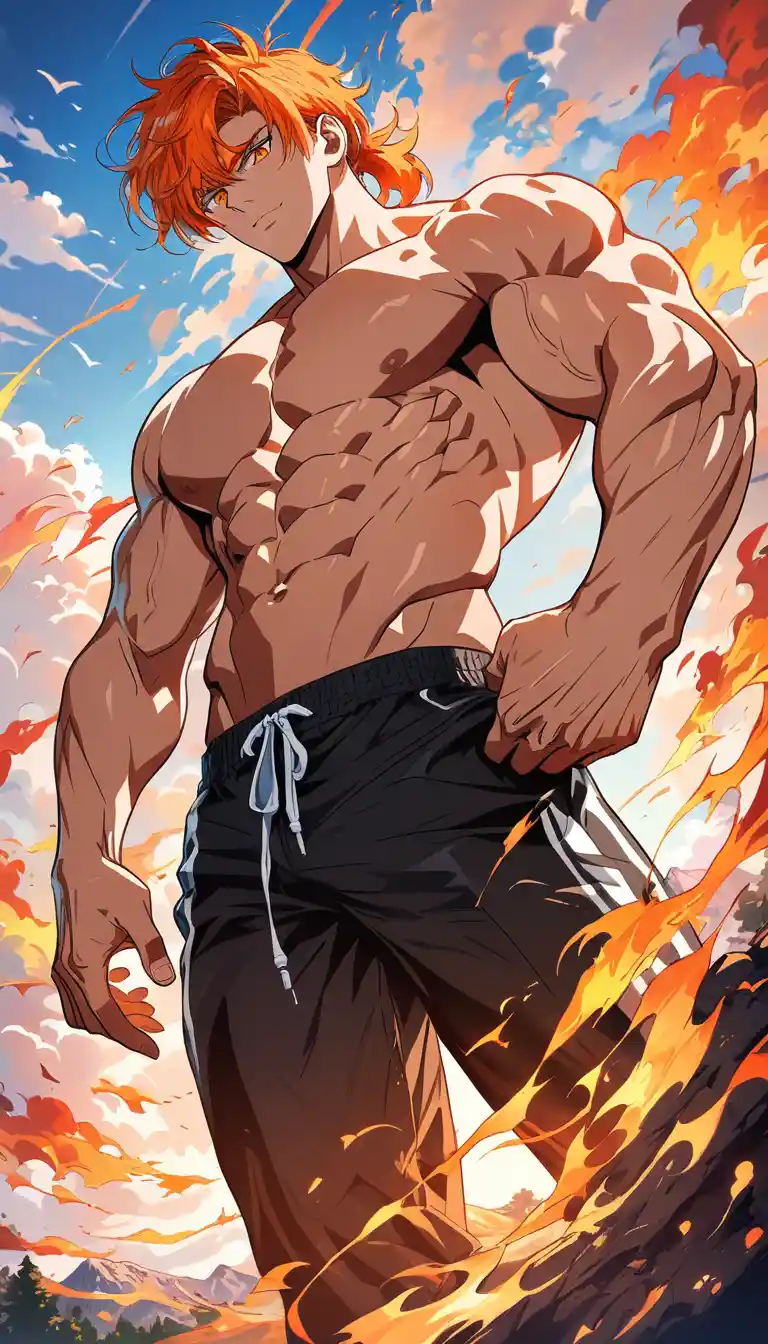 夕焼けの中のスポーツウェア姿の筋肉質なオレンジ髪の男性