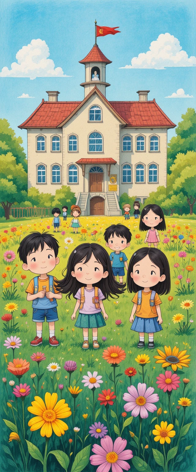 Ilustração de crianças brincando em frente a um prédio escolar colorido