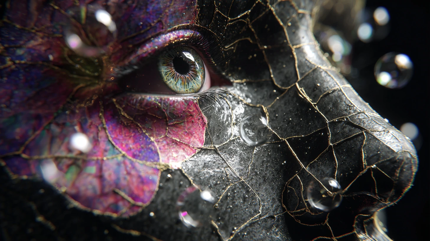 Surreal porcelain face emerging from a dark cosmic void