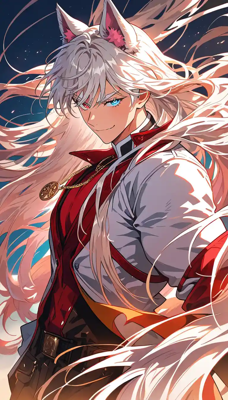 Selbstbewusster Anime-Mann mit Heterochromie und langem zweifarbigen Haar