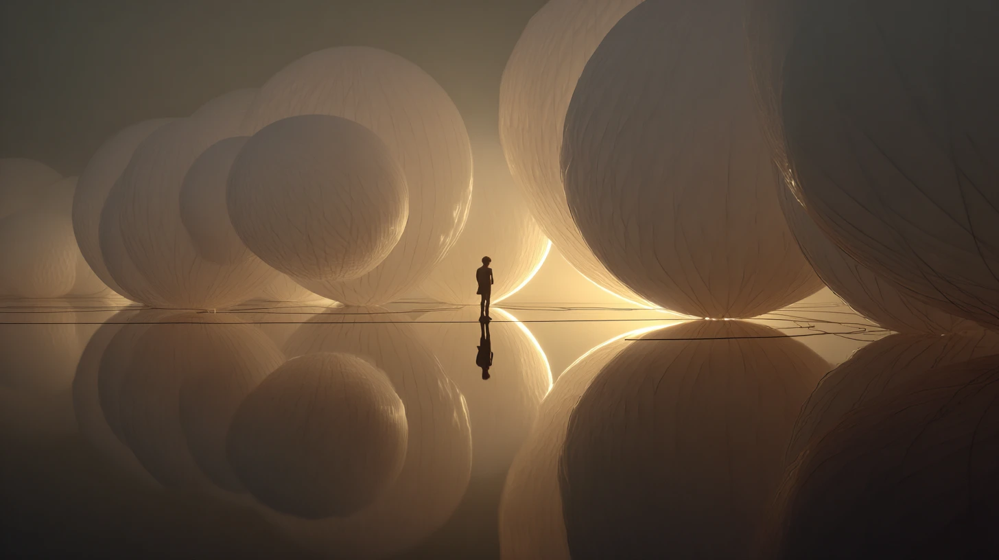Surreal balloon orb above a mirrored reflective landscape