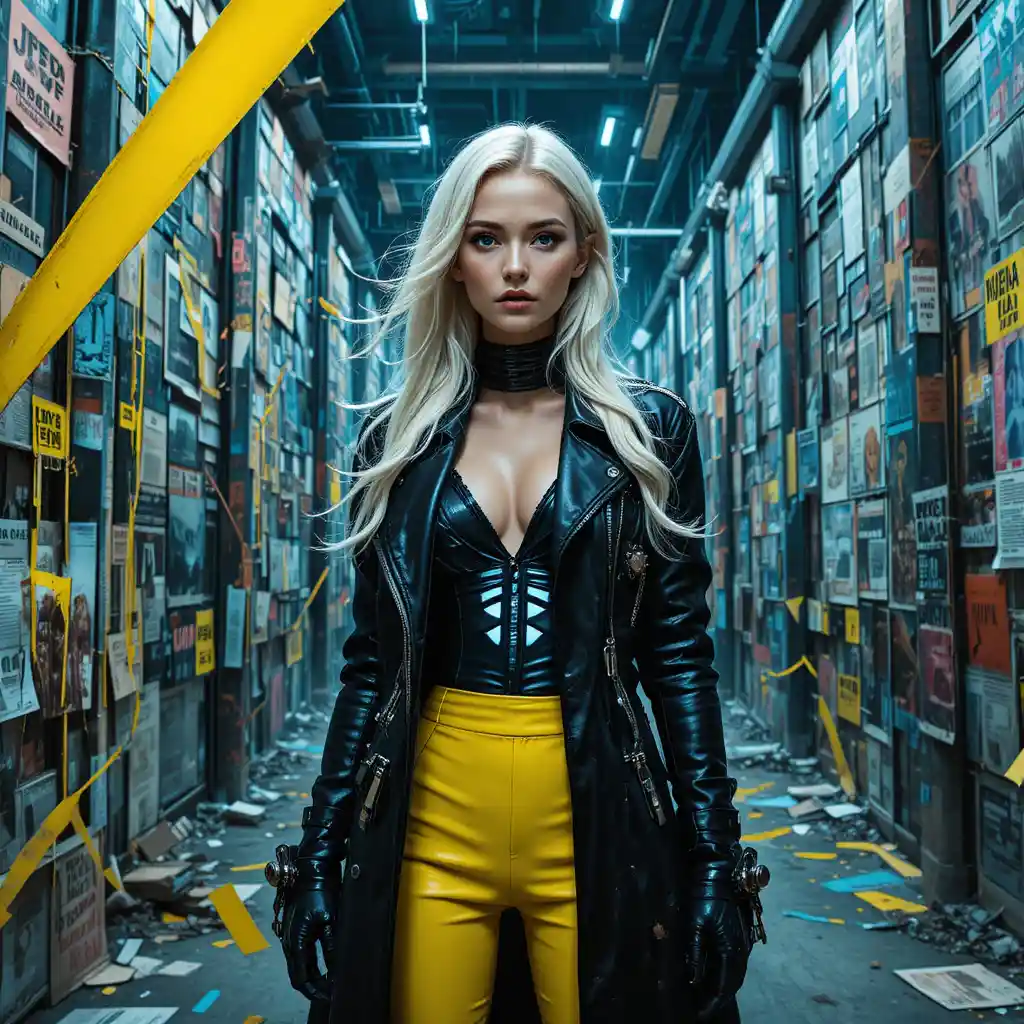 Cyberpunk fashion muse in neon urban collage scene