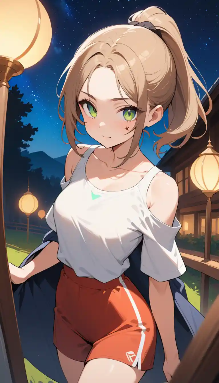 Confident anime girl under a moonlit countryside sky