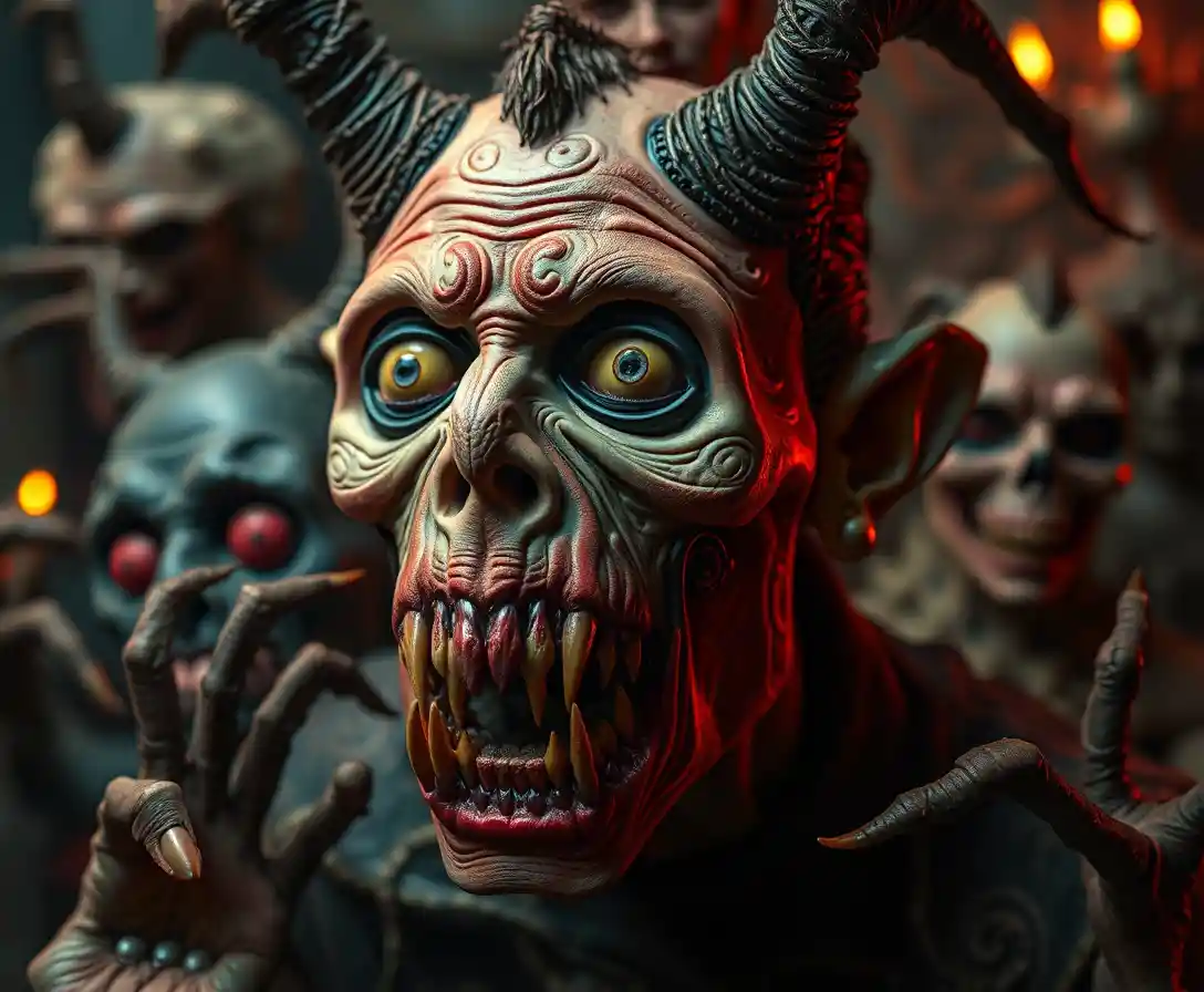 Surreal comic horror close up in a dreamlike fantasy world
