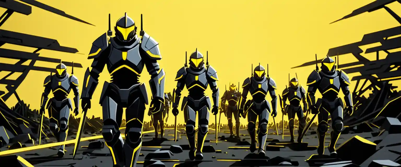 Futuristic robot army marching across a ruined wasteland