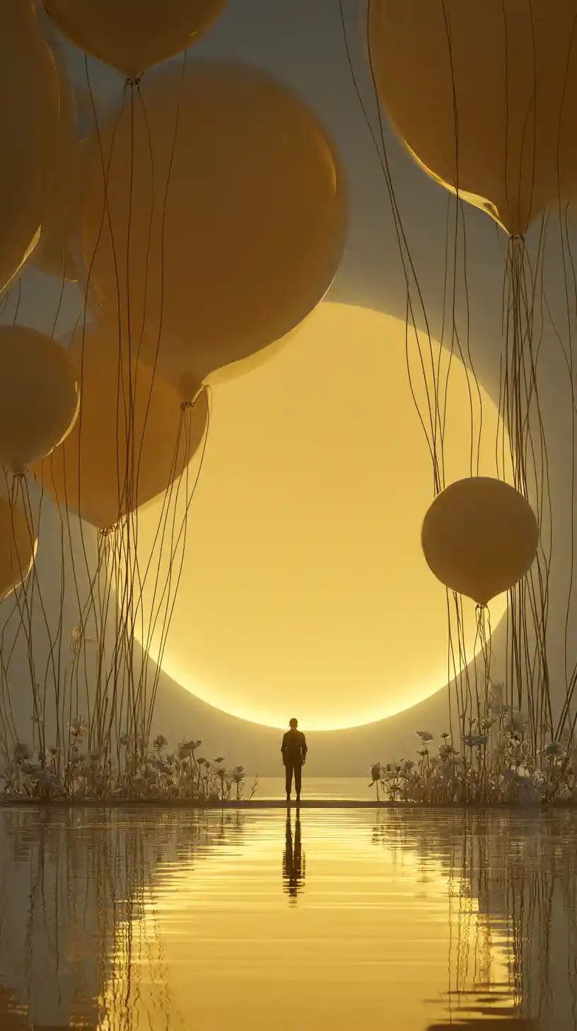 Majestic balloon sphere over a mirrored surreal landscape
