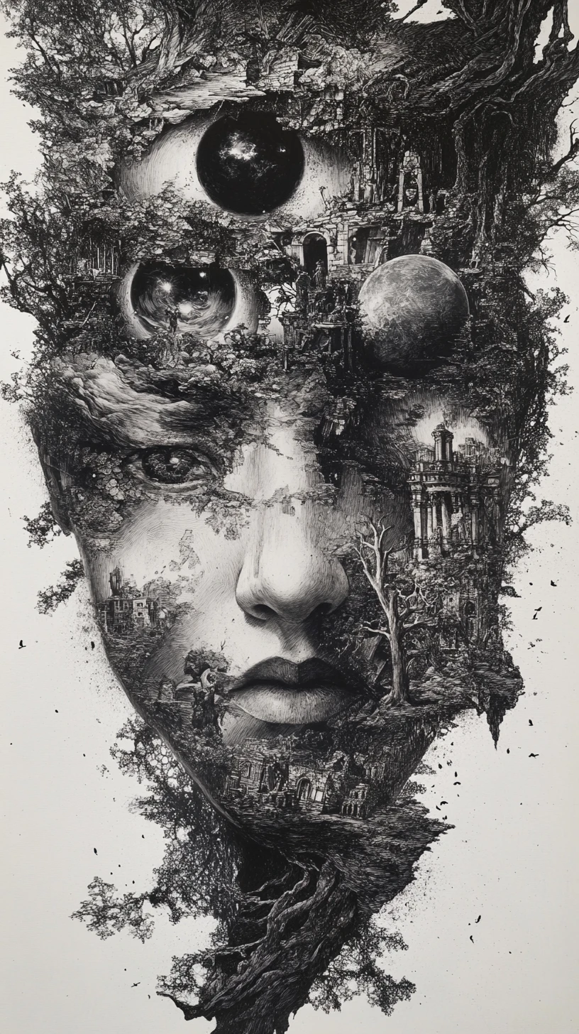 Surreal humanoid face formed from many watching eyes